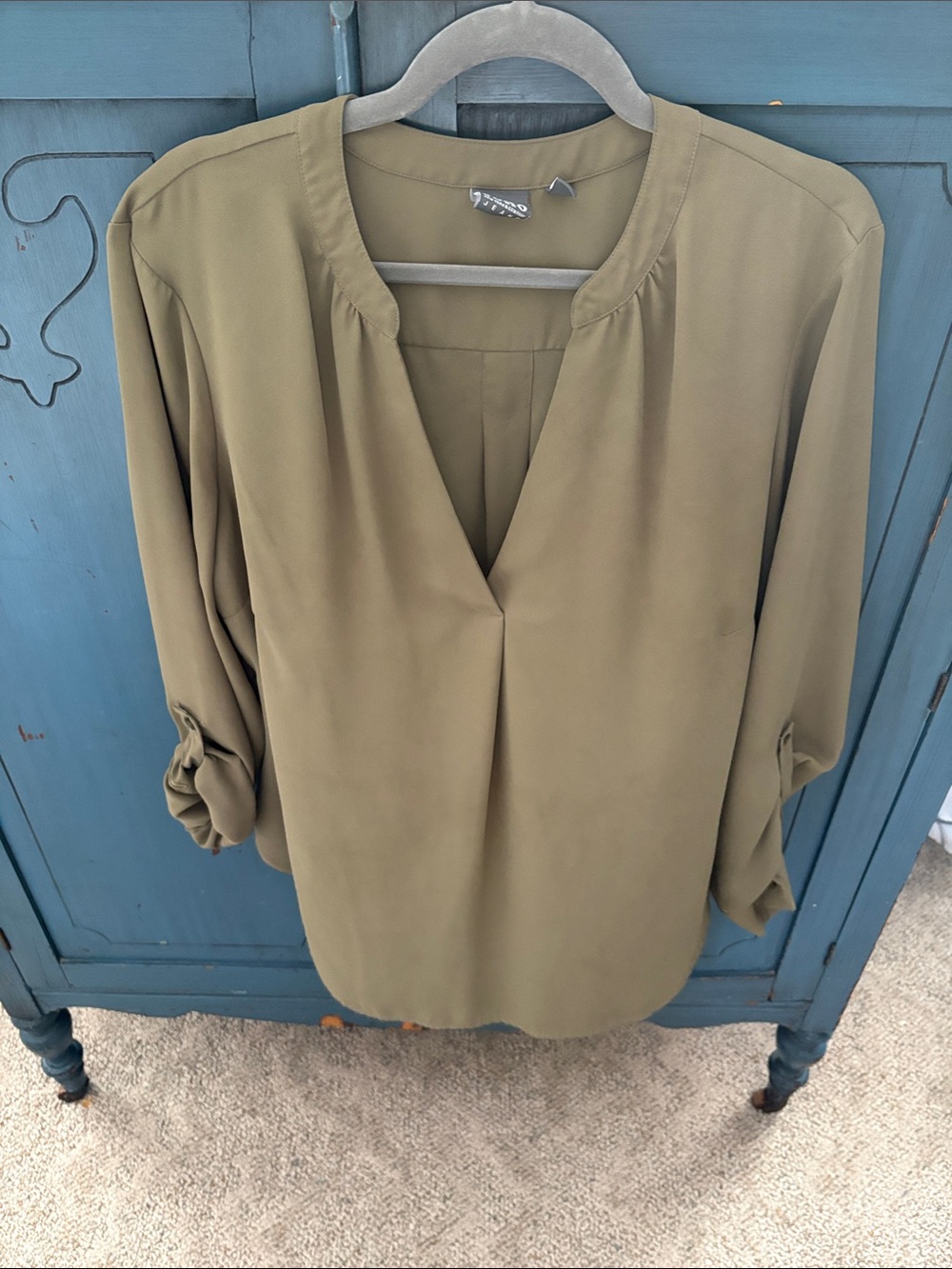 Olive Green V-Neck Roll-Sleeve Blouse